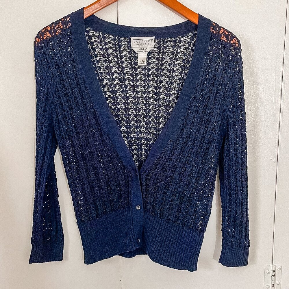 Vintage Talbots Old Money Cardigan Blue Preppy Sweater Italian Yarn, Size Large